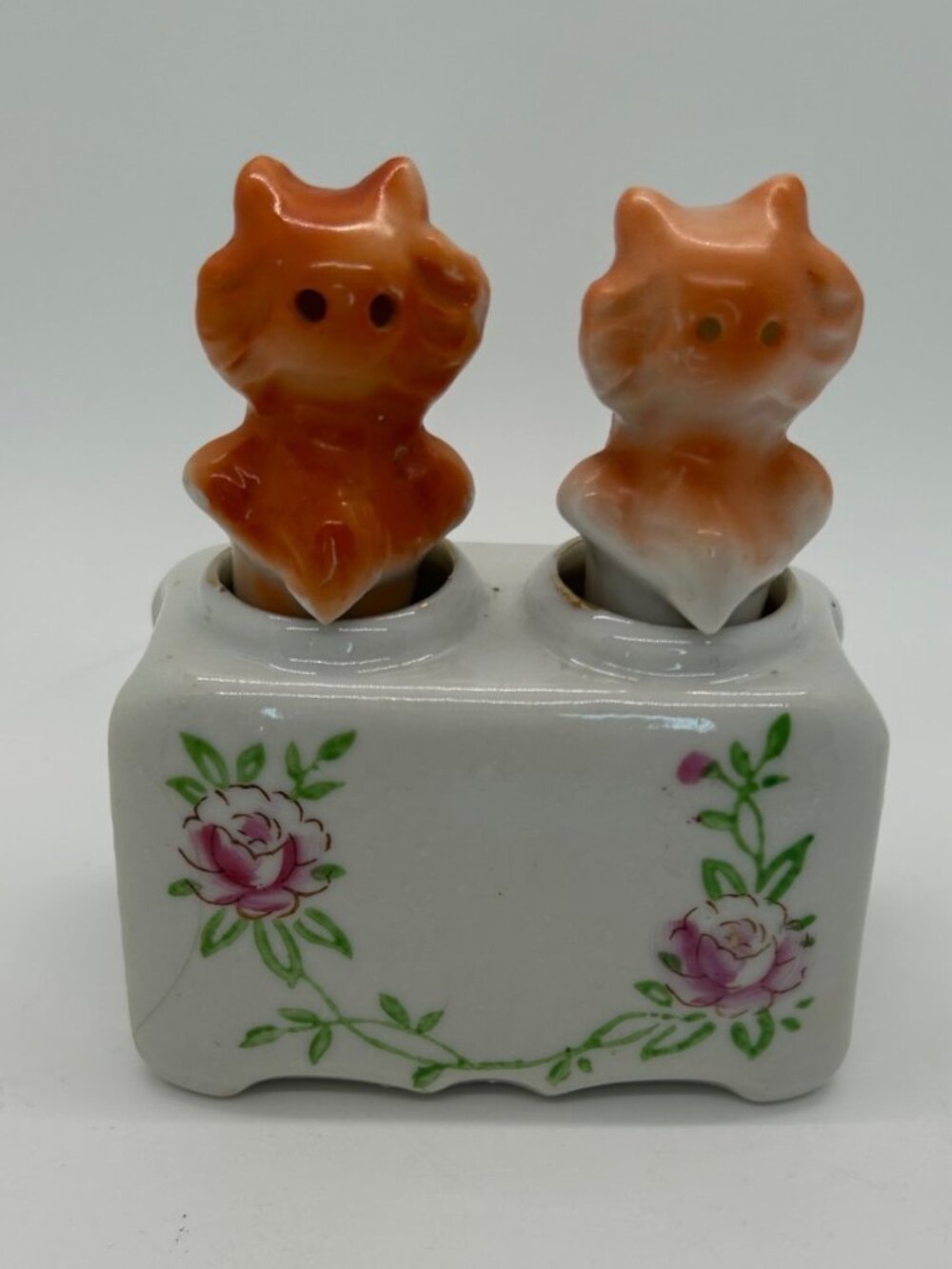 Vintage Ceramic Cat Salt & Pepper Shakers Nodders Floral Base Orange & White - Picture 4 of 16